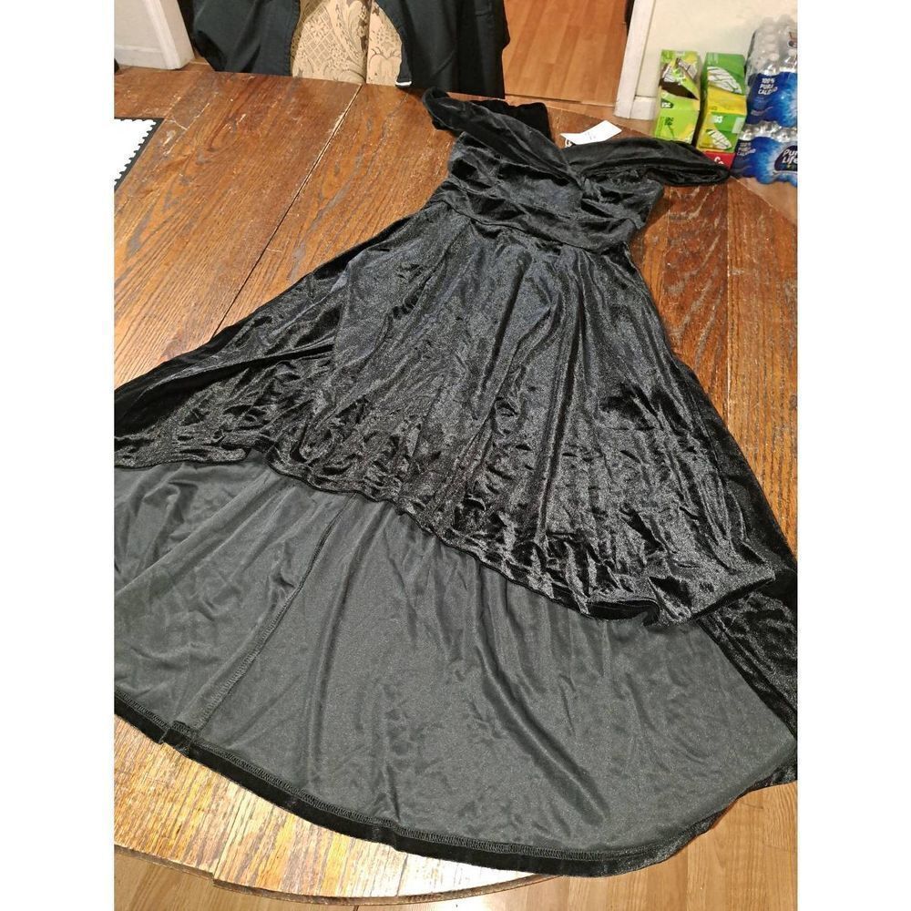 New Medium Jasambac Black Velvet  Off Shoulder High Low Party Holiday Dress NWT